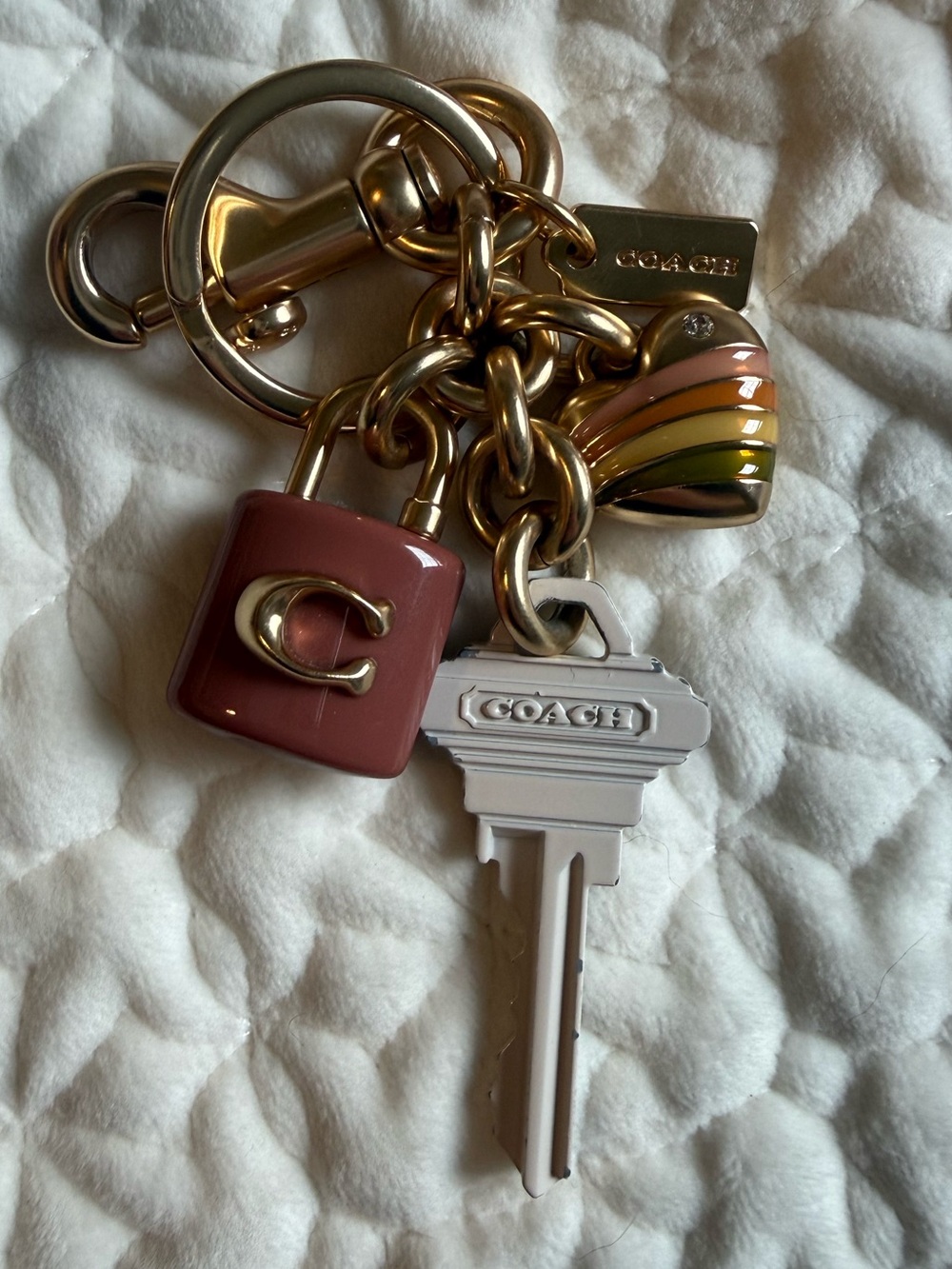 Coach Gold-Tone Key Charm with Pink Lock and Rainbow Heart